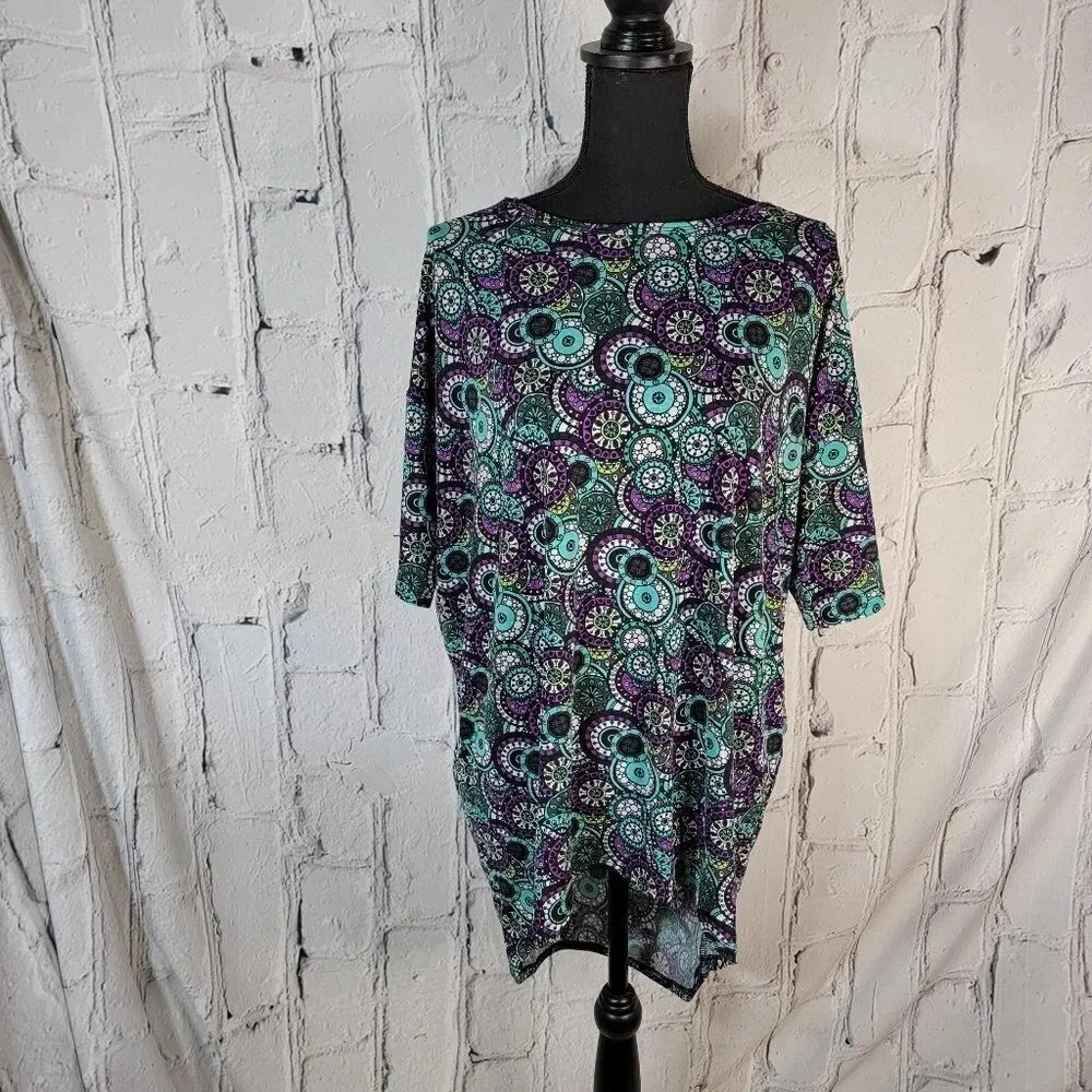 Lularoe Irma Tunic Shirt Hi-Lo Circles Geometric‎ Print Size XS Legging Length